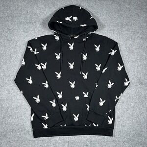 Playboy Pullover Hoodie Men's Size Medium Black‎ All Over Print Baggy AOP y2k
